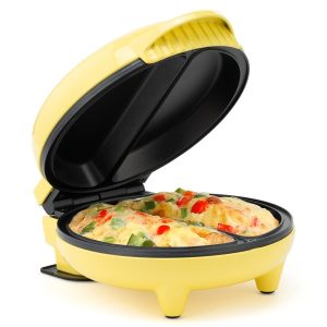 Holstein Housewares Stainless Steel 2 Section Omelet & Frittata Maker, Non Stick Coating, Easy To Clean, Indicator Lights, Compact Storage, Prepare Versatile Recipes in Minutes. 2 Portions, Yellow