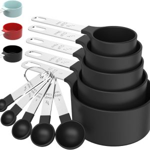 TILUCK Measuring Cups & Spoons Set, Stackable Cups and Spoons, Nesting Measure Cups with Stainless Steel Handle, Kitchen Gadgets for Cooking & Baking (Black)
