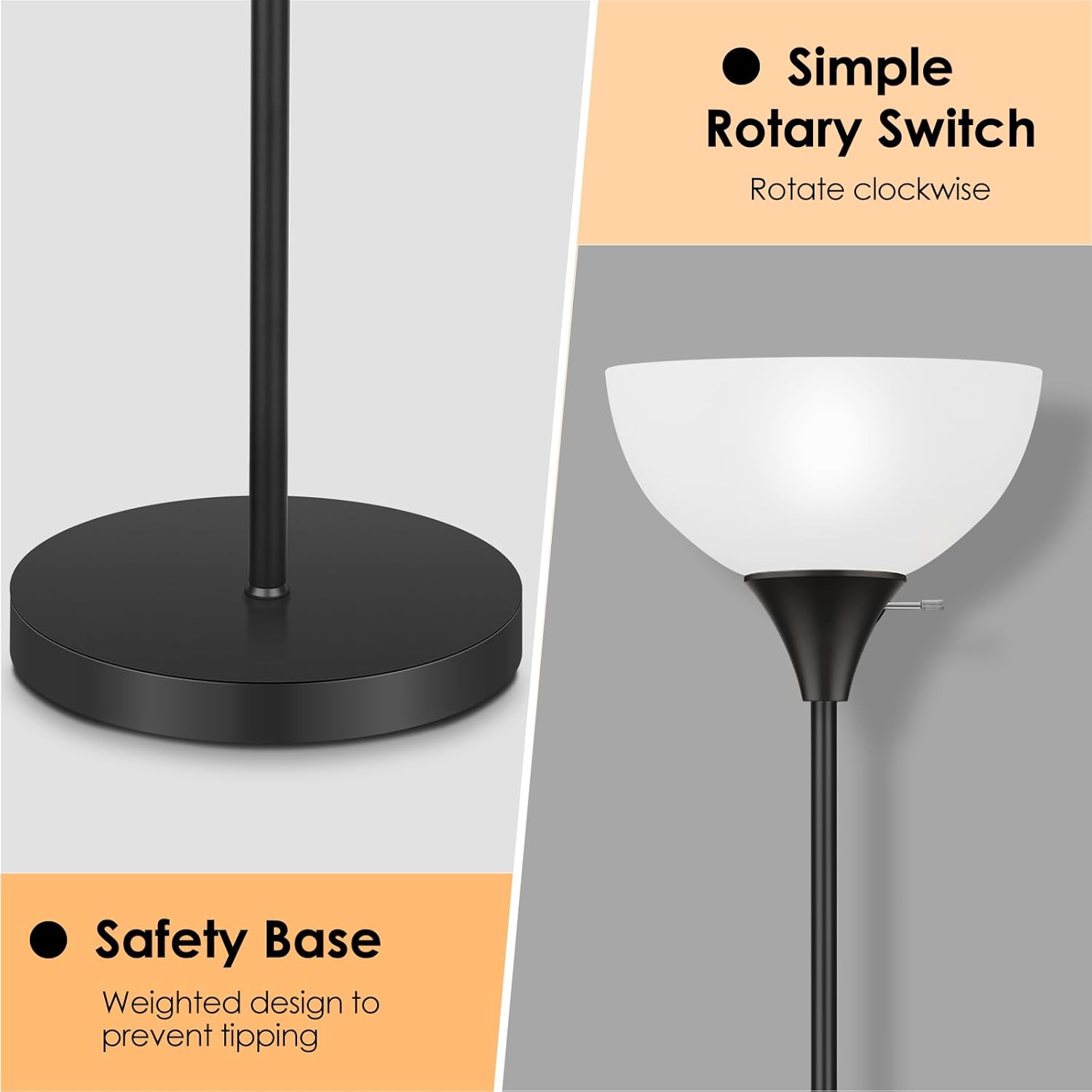 Floor Lamp, LED Standing Lamps with White Plastic Shade, Black Modern Torchiere Floor Lamp, Tall Lamps for Living Room Dorm, Bulb not Included - Image 3