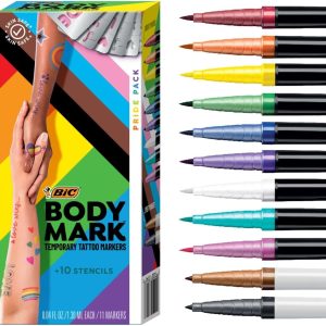 BIC BodyMark Temporary Tattoo Markers for Skin, Pride Pack, Flexible Brush Tip, 11-Count Pack of Assorted Colors, Skin-Safe, Cosmetic Quality, Unique Gifts