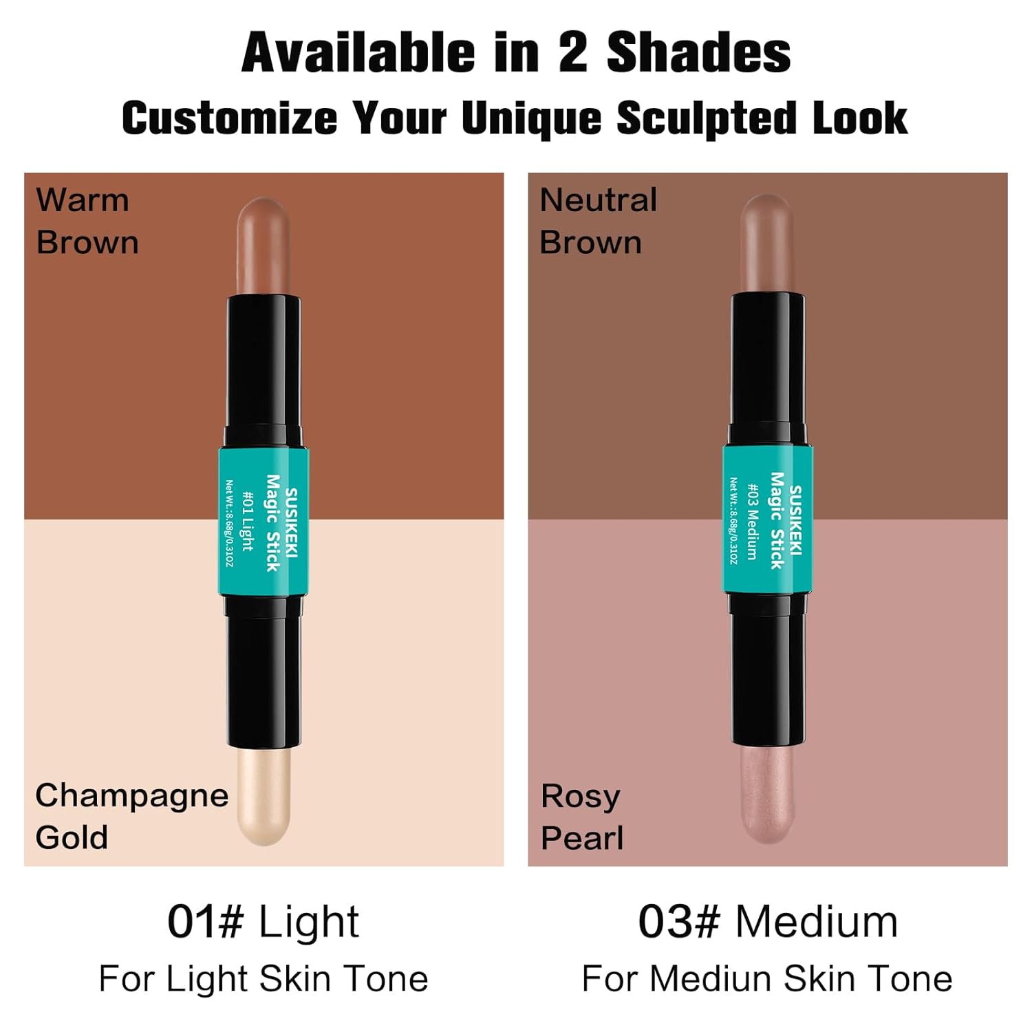 Contour Stick, 2Pcs Dual-Ended Highlighter Makeup Pen & Contouring Stick for Face Shaping, Long Lasting Waterproof Cream Bronzer & Highlight Sticks Make Up Kit for All Skin Tones(01# + 03#) - Image 3