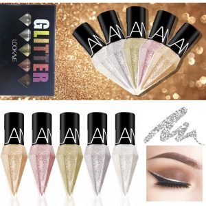 Go Ho Glitter Liquid Eyeliner Colorful Set,5 Colors Metallic Shimmer White Silver Gold Diamond Eye Liner,Glitter Eyeliner Eyeshadow Shine,Waterproof Long Lasting Glow Sparkle Eye Makeup