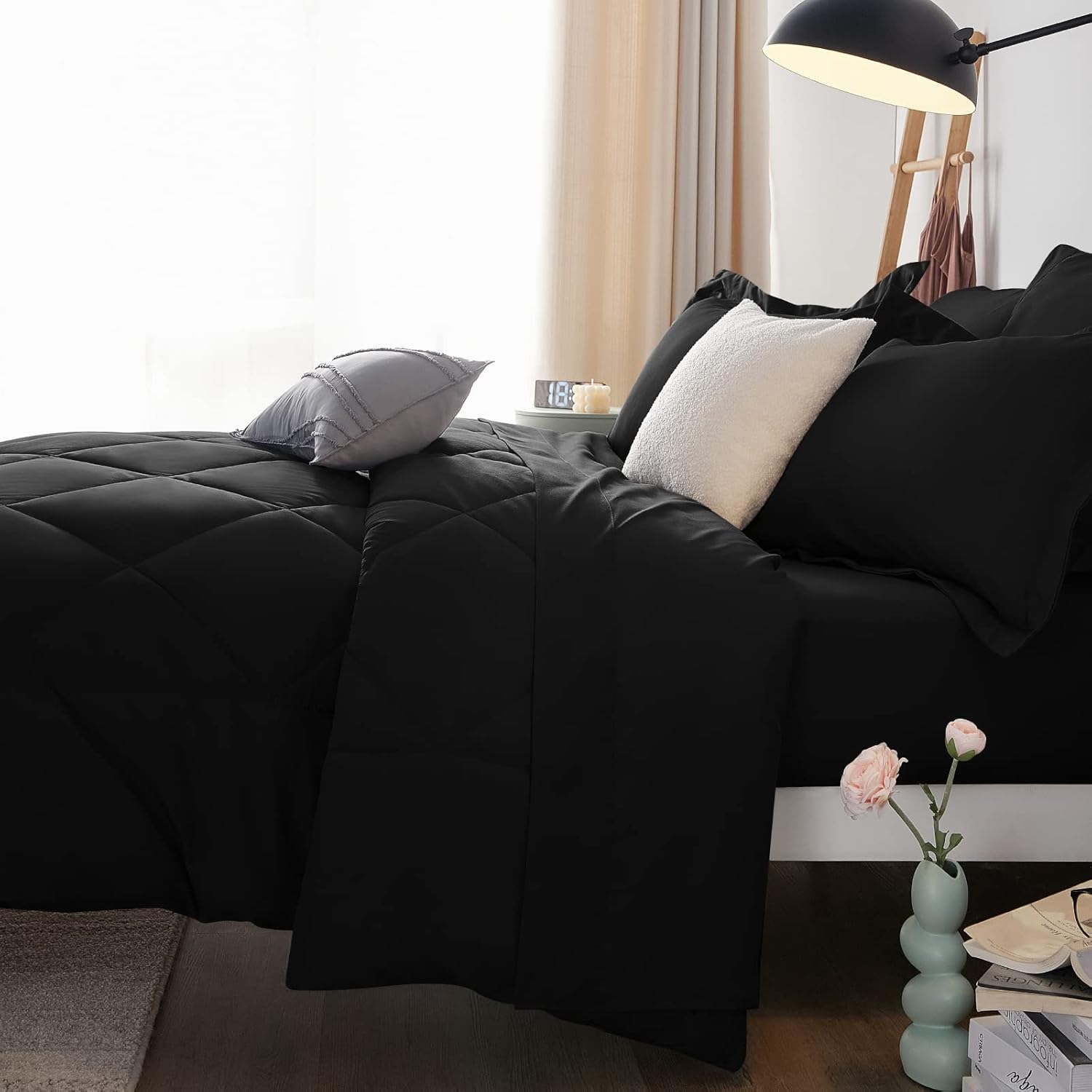 CozyLux Queen Comforter Set Black - Bed in a Bag Queen Size 7 Pieces, Luxury Soft Bed Set for All Seasons, Bedding Set with Down Alternative Comforter, Sheets, Pillowcases & Shams - Image 9