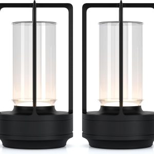Portable Metal Table Lamp for Indoor/Outdoor ,Rechargeable Cordless LED Lamp, 3-Colour Infinitely Dimming Battery Powered Small Desk Lamp, Restaurant/Bedroom/Bar/Coffee/Camping Light (Black Set of 2)