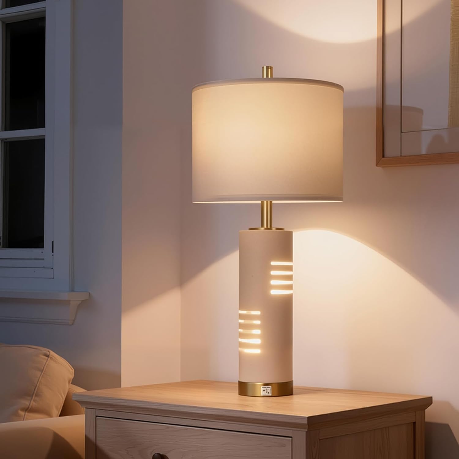 27.5" Faux Stone Table Lamps Set of 2 with Night Light, Farmhouse Lamps for Living Room with USB A+C Ports, Bedside Table Lamps with Linen Shade for Bedroom Nightstand Office (Bulb Included) - Image 5