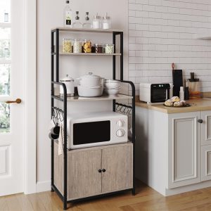 Yaheetech 4-Tier Kitchen Bakers Rack with Storage Cabinet and Hutch, Microwave Oven Stand Coffee Bar Pantry Cabinet with 8 S Hooks, Freestanding Kitchen Shelves Spice Rack, Gray