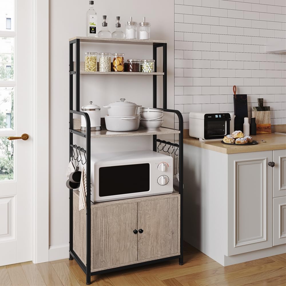 Yaheetech 4-Tier Kitchen Bakers Rack with Storage Cabinet and Hutch, Microwave Oven Stand Coffee Bar Pantry Cabinet with 8 S Hooks, Freestanding Kitchen Shelves Spice Rack, Gray