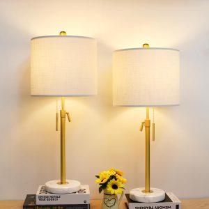 Gold Table Lamp Set of 2, 22-30" Height Adjustable Modern Nightstand Lamps with Marble Base and Pull Chain Switch for Living Room Bedroom, Office, Bedside Table, Farmhouse