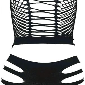 LEMON GIRL Women's Lingerie Fishnet BabyDoll Bodysuit Mini Dress Set One Size