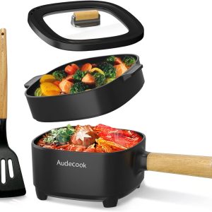 Audecook Hot Pot Electric 2L, Cermic Glaze Non-Stick Frying Pan 8 Inch, Portable Travel Cooker for Ramen/Steak/Fried Rice/Oatmeal/Soup, with Dual Power Control (Silicone Spatula Included)