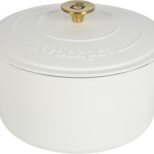 Crock-Pot Artisan 5-Quart Round Dutch Oven – Matte Linen White with Gold Knob, Enameled Cast Iron Cookware