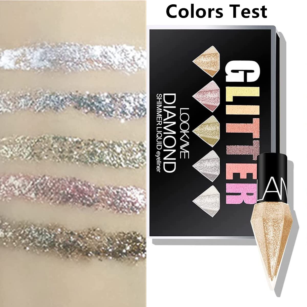 Go Ho Glitter Liquid Eyeliner Colorful Set,5 Colors Metallic Shimmer White Silver Gold Diamond Eye Liner,Glitter Eyeliner Eyeshadow Shine,Waterproof Long Lasting Glow Sparkle Eye Makeup - Image 3