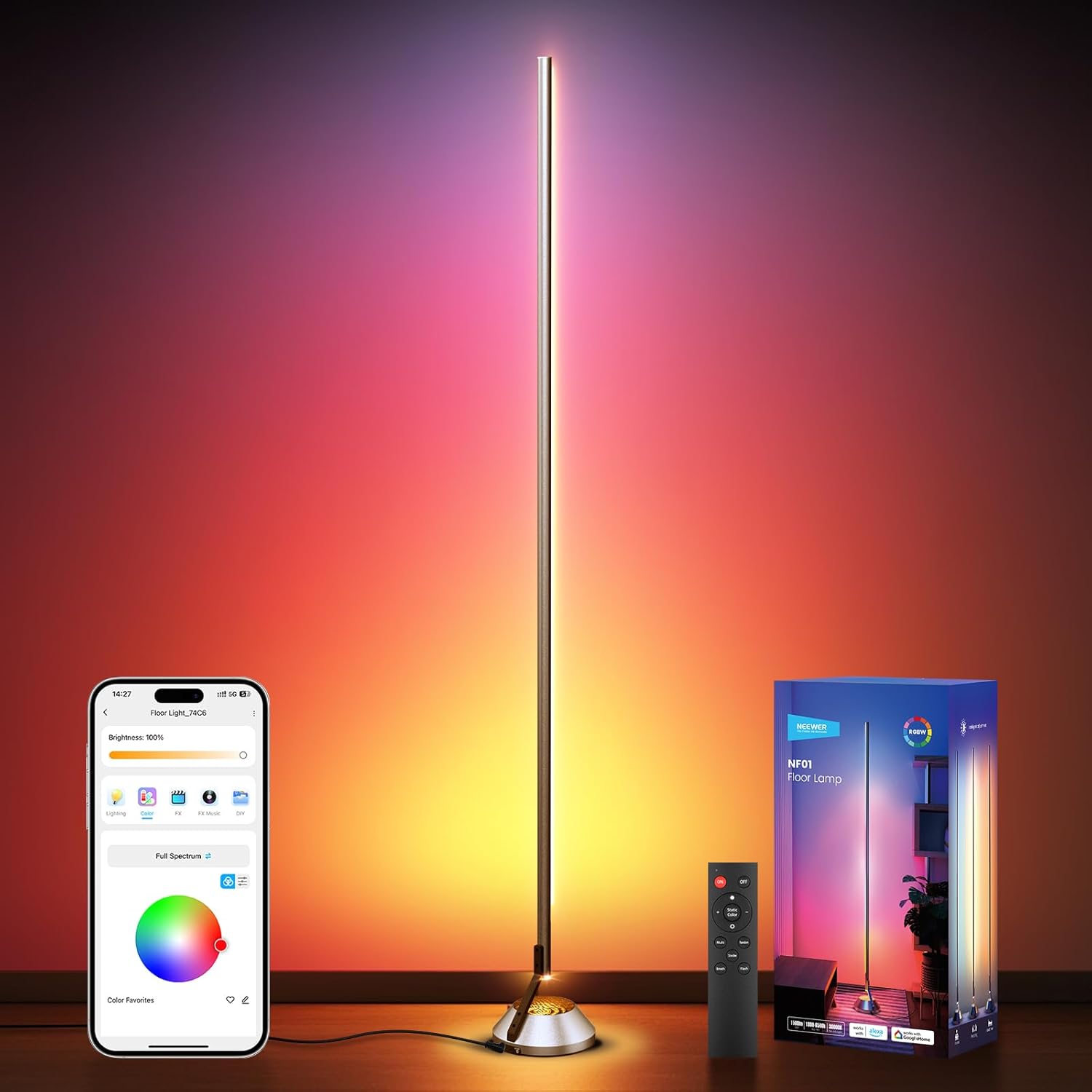 NEEWER Smart RGBW Floor Lamp, 1500lm LED Standing Corner Light Compatible with Alexa Google, APP Control/AI DIY/Music Sync/16 Million Colors, Ambience Lighting for Bedroom Living Room Home Decor, NF01