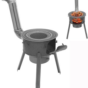 Portable Wood Burning Rocket Stove with Chimney Pipe, Heavy Duty Steel Camping Stove with Grill for Tent Heating & Outdoor Cooking for Camping, Hunting, Ice Fishing