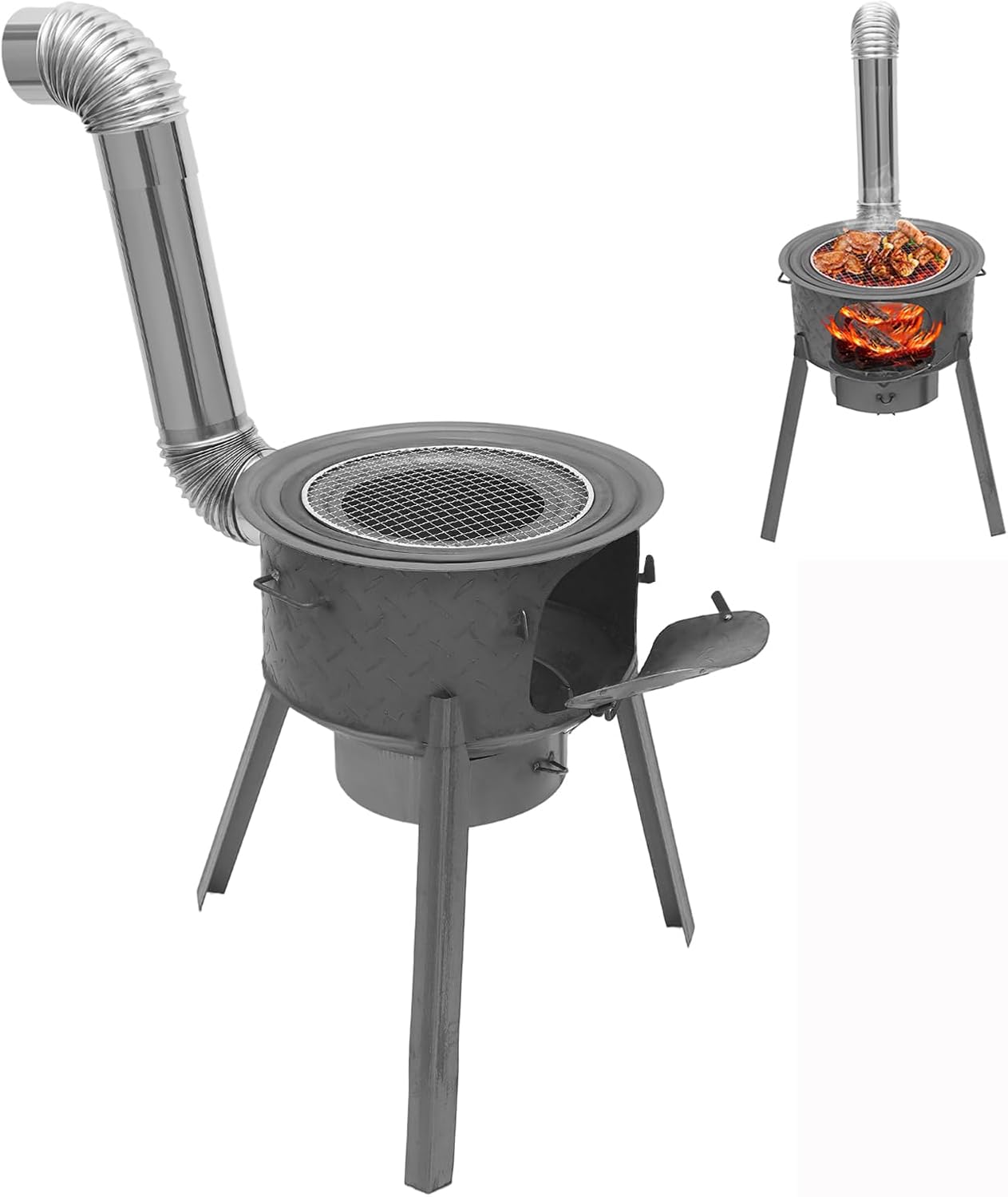 Portable Wood Burning Rocket Stove with Chimney Pipe, Heavy Duty Steel Camping Stove with Grill for Tent Heating & Outdoor Cooking for Camping, Hunting, Ice Fishing