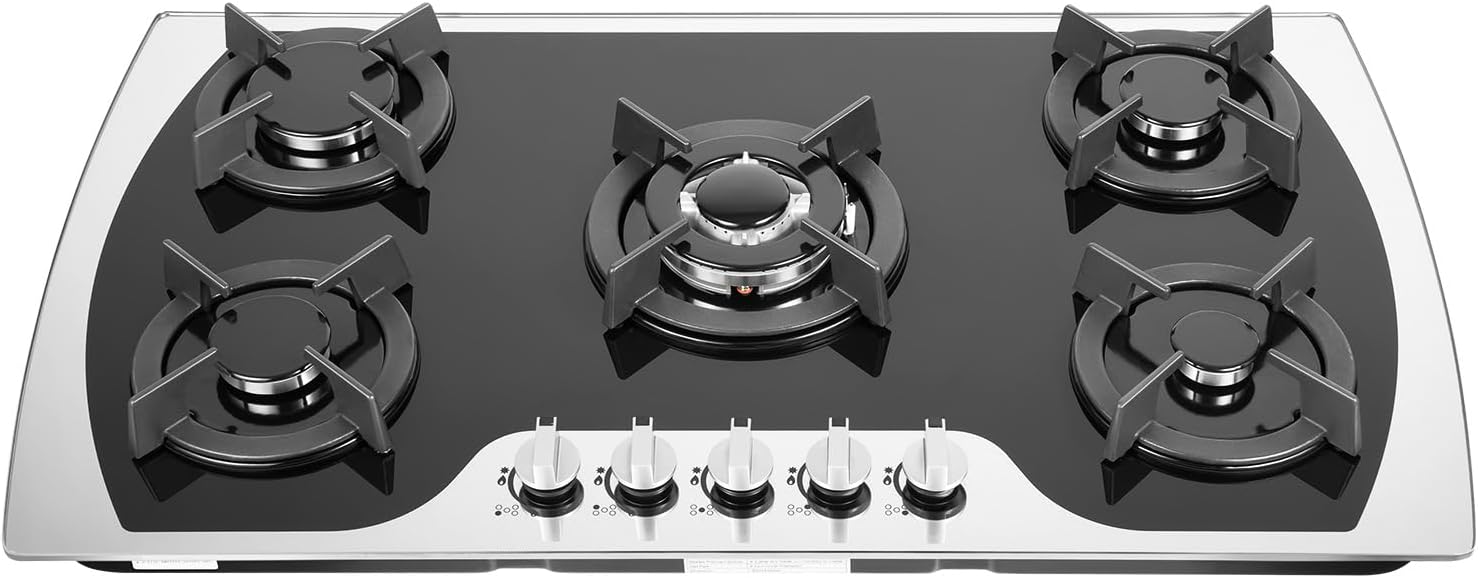 36 Inch NG Gas Cooktop with 5 Burners, NG/LPG Convertible, Built-in Gas Stove Top with Thermocouple Protection for Apartment RV Kitchen