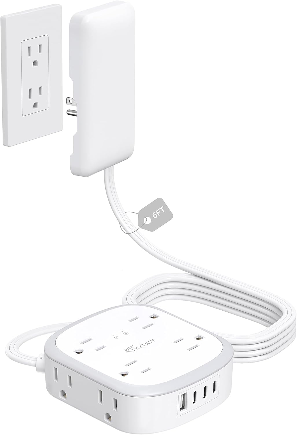 Outlet Cover Extension Cord Flat 6ft, NUTICT Flat Plug Power Strip with 8 Outlets & 3 USB-C & 1 USB-A Port, 13A/1625W, 1440J Surge Protector, Indoor 3 Prong Flat Wall Plug for Tight Spaces, White