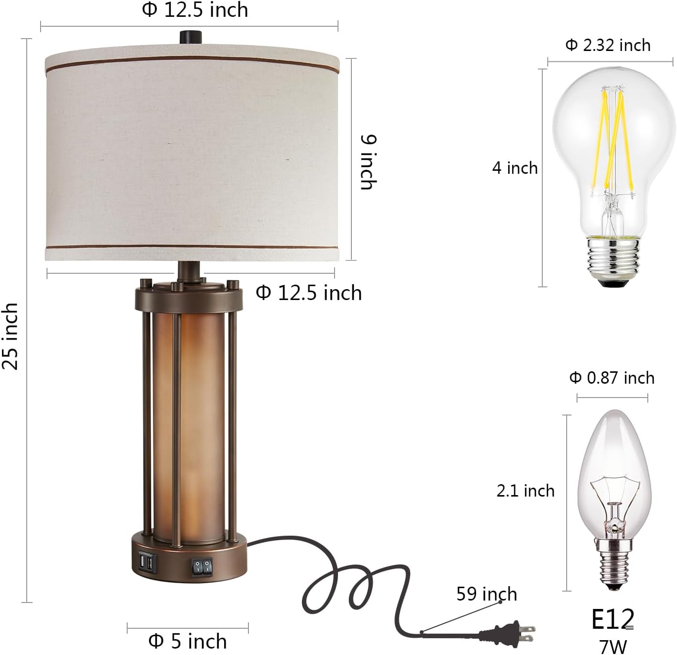 RORIA Farmhouse Table Lamps for Living Room with 2 USB Charging Ports, Vintage Rustic Nightstand Lamp with Amber Glass Nightlight, Retro Desk Lamp for Bedroom Entryway, 2 Bulbs Included - Image 6