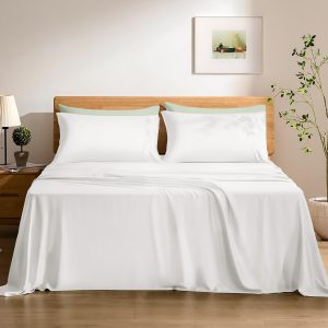 TOSMO Luxury Cooling Sheet Set - 100% Viscose from Bamboo, 4-Piece Bedding Set (King Size) - 18” Extra Deep Pockets, Oeko-Tex Certified, Silky Soft and Breathable, Classic White