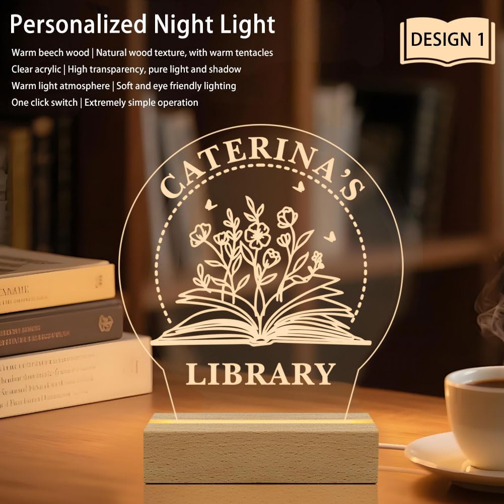 Personalized Library Night Light, Acrylic Book Sign with Wooden Base, Customizable Name Display, LED Warm Light for Reading Nook, Book Lover Gift - Image 2