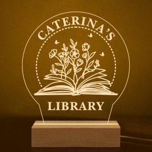 Personalized Library Night Light, Acrylic Book Sign with Wooden Base, Customizable Name Display, LED Warm Light for Reading Nook, Book Lover Gift