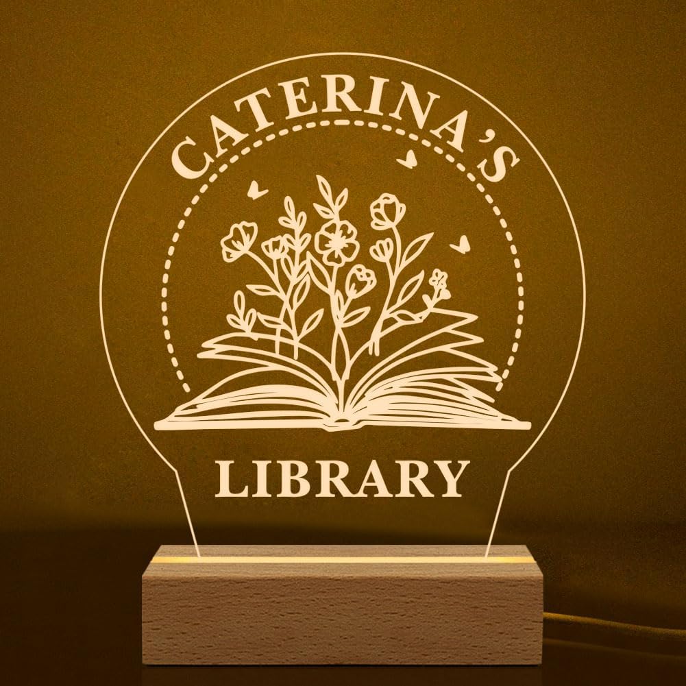 Personalized Library Night Light, Acrylic Book Sign with Wooden Base, Customizable Name Display, LED Warm Light for Reading Nook, Book Lover Gift