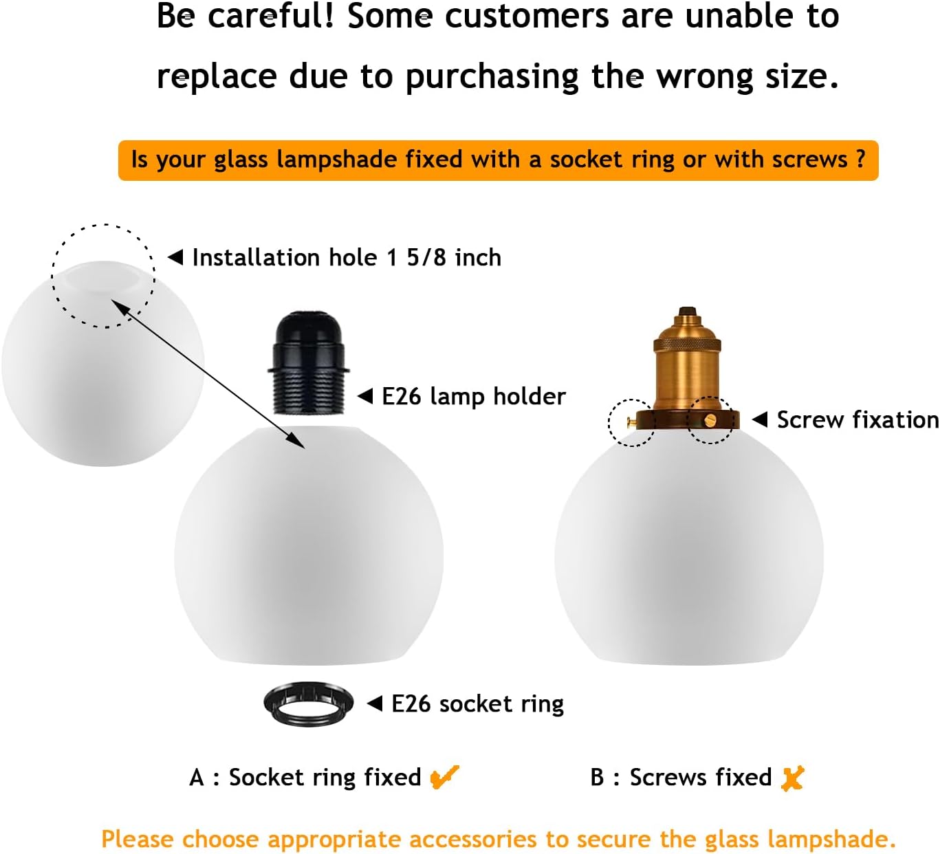 Diameter 7.87 Inch, Height 6.88 Inch,E26 Base 1-5/8 Inch Fitter,Double Hole White Glass Spherical Lampshade For Pendant lLmps And Floor Lamps - Image 6