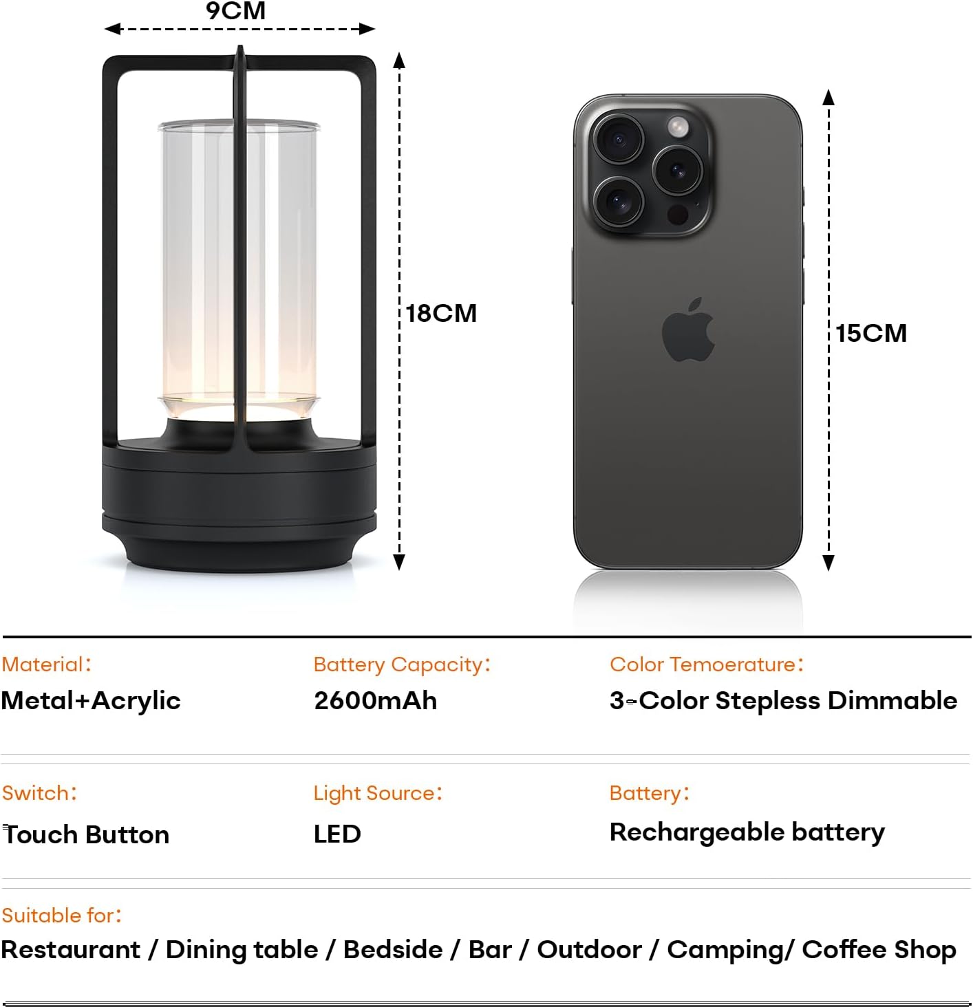 Portable Metal Table Lamp for Indoor/Outdoor ,Rechargeable Cordless LED Lamp, 3-Colour Infinitely Dimming Battery Powered Small Desk Lamp, Restaurant/Bedroom/Bar/Coffee/Camping Light (Black Set of 2) - Image 7