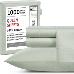 100% Cotton Bed Sheets- 1000 Thread Count Bedding Sheet & Pillowcase Sets, Hotel Luxury Sheets Queen Size, Soft Breathable Sateen Weave, 15" Deep Pocket Queen Sheet Set - Mineral