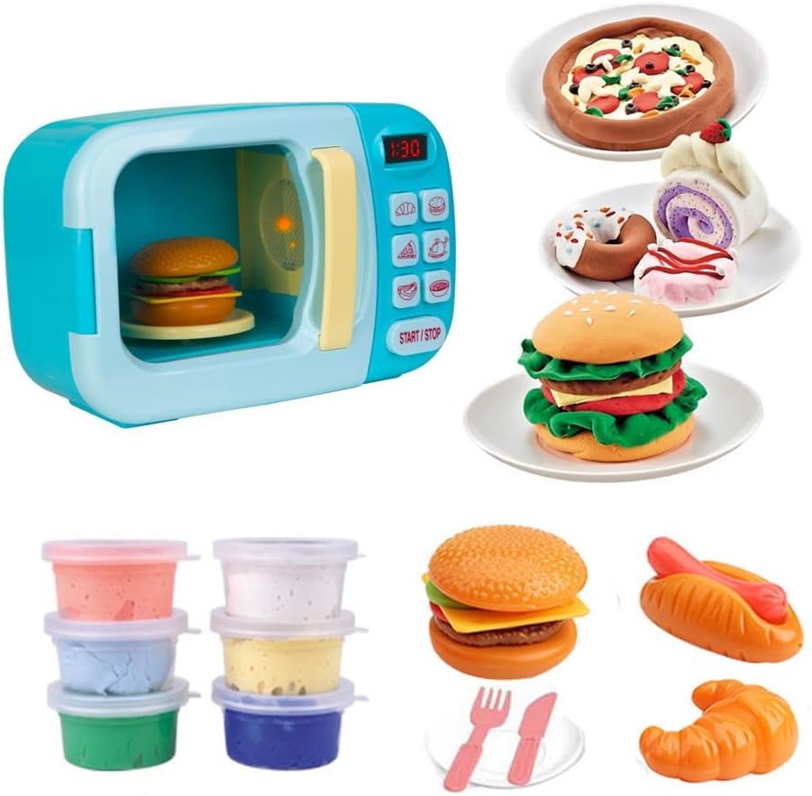 Microwave Toys Kitchen Play Set with Light Sound,Kids Pretend Play Electronic Oven with Play Food and 6 Color DIY Play-Dough for Children Ages 3+ Years (Blue) - Image 2
