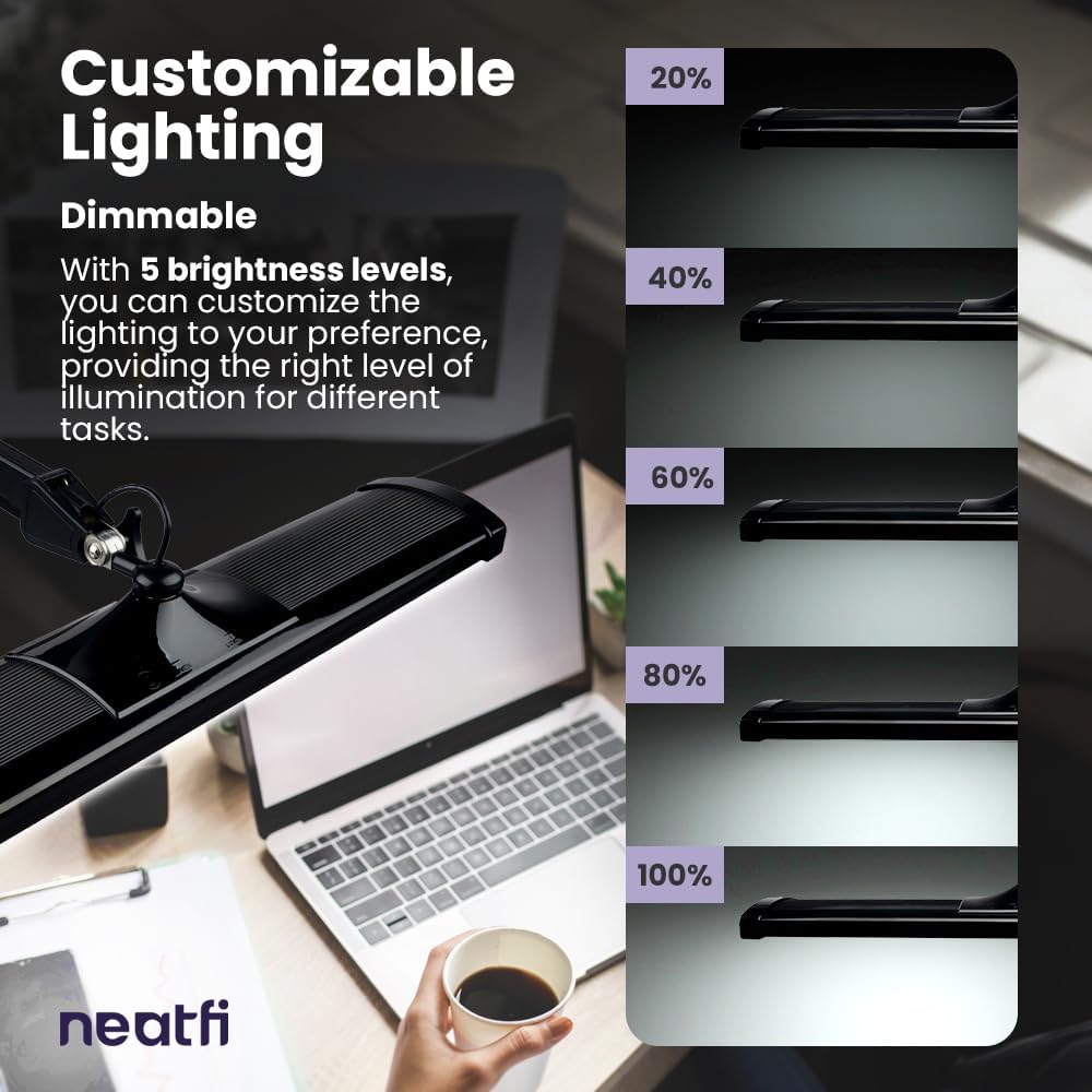 Neatfi LED Desk Lamp, 3,500 Lumens, 3 Light Modes, Dimmable, 45W, Touch Control, 26 Inch Wide Metal Shade, 540 SMD LEDs, Directional Lighting, Eye Caring Task Lamp (CCT with Clamp, Black) - Image 7