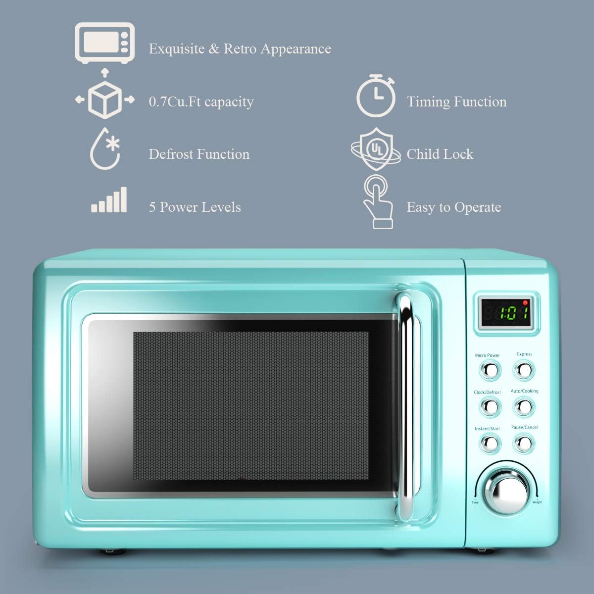 Retro Countertop Microwave Oven, Large 0.7Cu.ft, 700-Watt, Cold Rolled Steel Countertop with Time Setting, Glass Turntable Plate, Pre-Programmed Cooking Settings, LED Display, Child Lock (Green) - Image 5