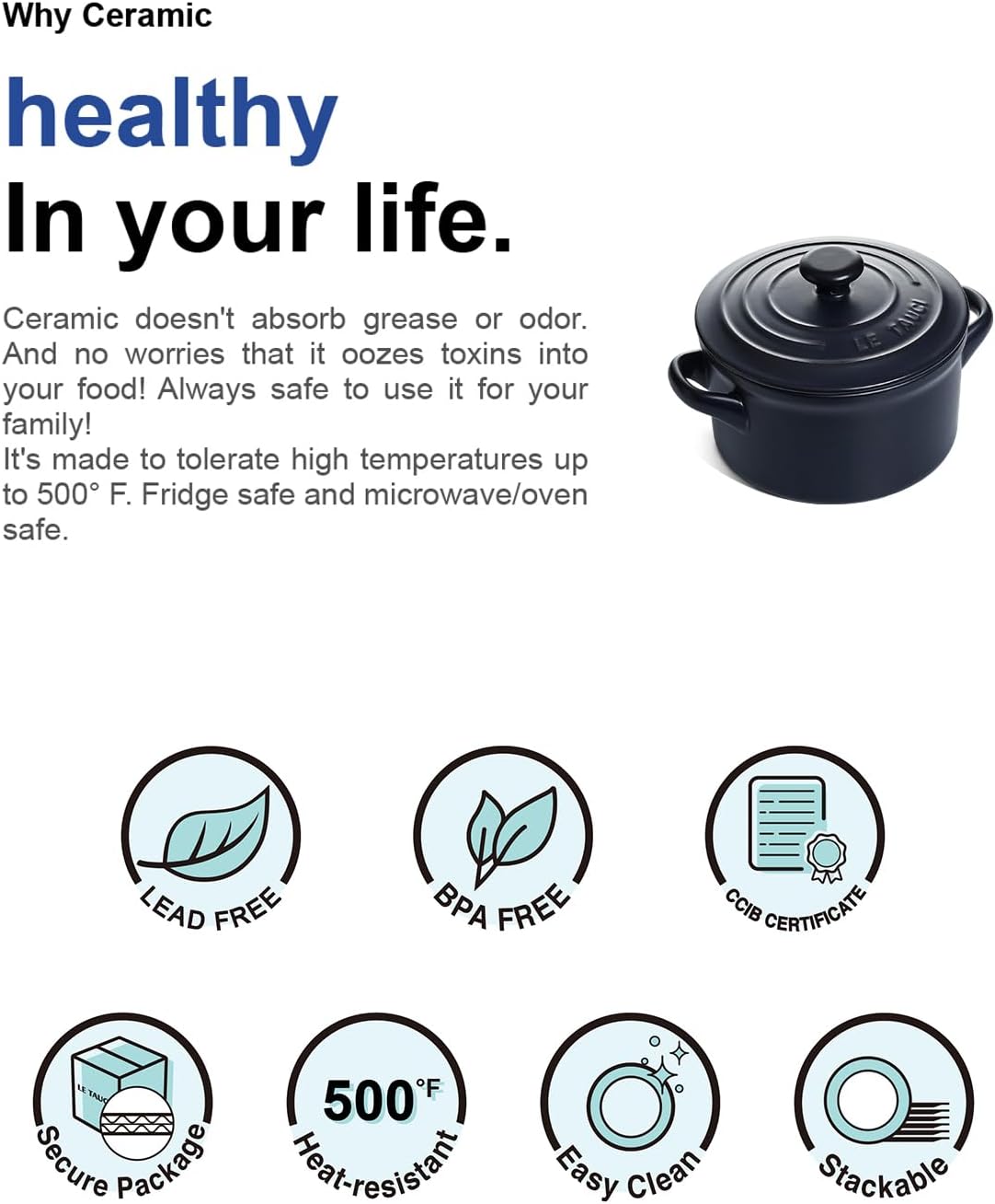 LE TAUCI 3 Quart Ceramic Dutch Oven - Lightweight, Non-Toxic, No Seasoning Needed- Oven, Microwave & Dishwasher Safe, Dutch Oven Pot with Lid for Sourdough, Soup & Stew, Midnight Blue - Image 4