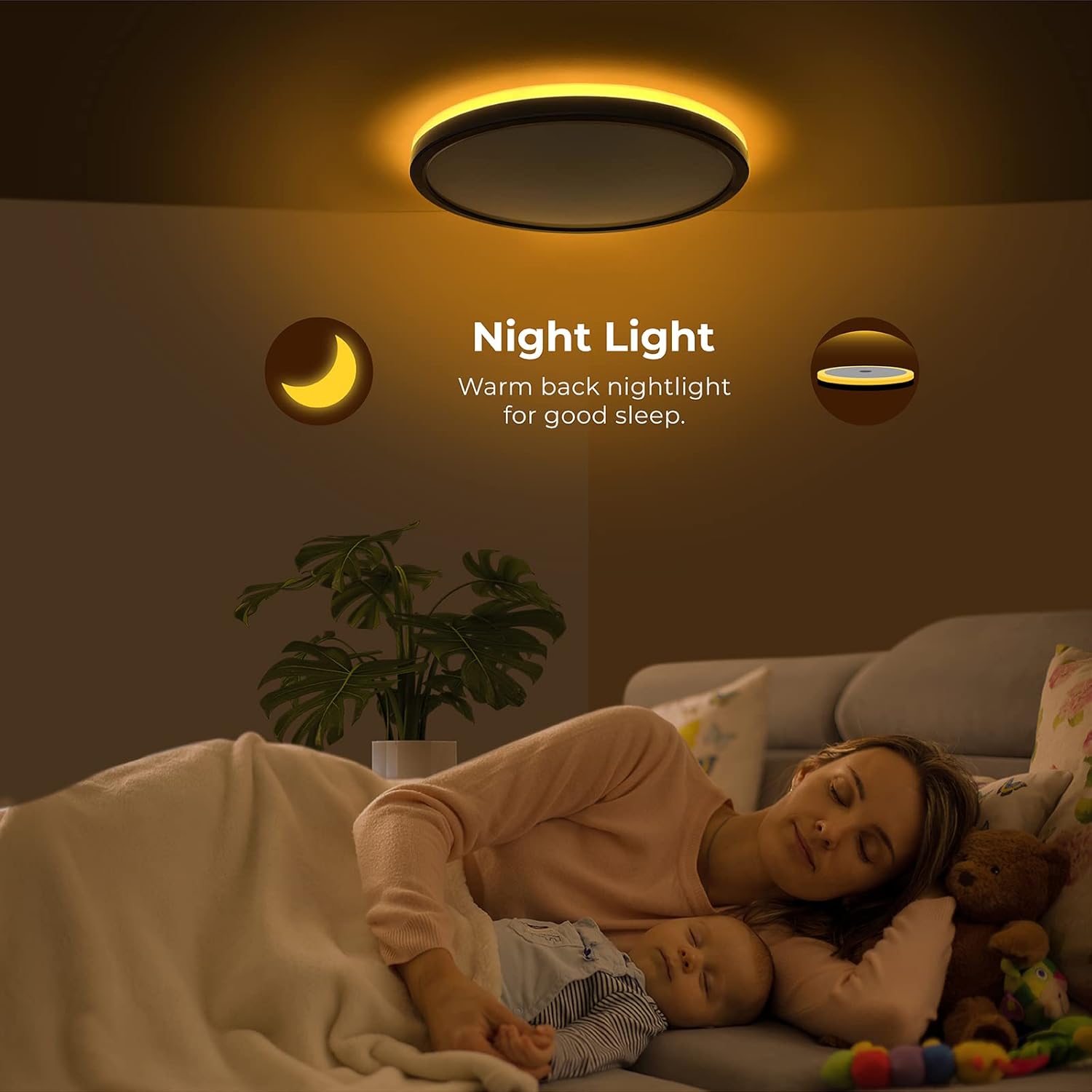 Matane 12 Inch LED Flush Mount Ceiling Light Fixture with Night Light, 24W 2400LM 3000K/4000K/5000K Selectable, Dimmable Ceiling Lights for Bedroom, Dining Room, Kitchen, Round Black - Image 8