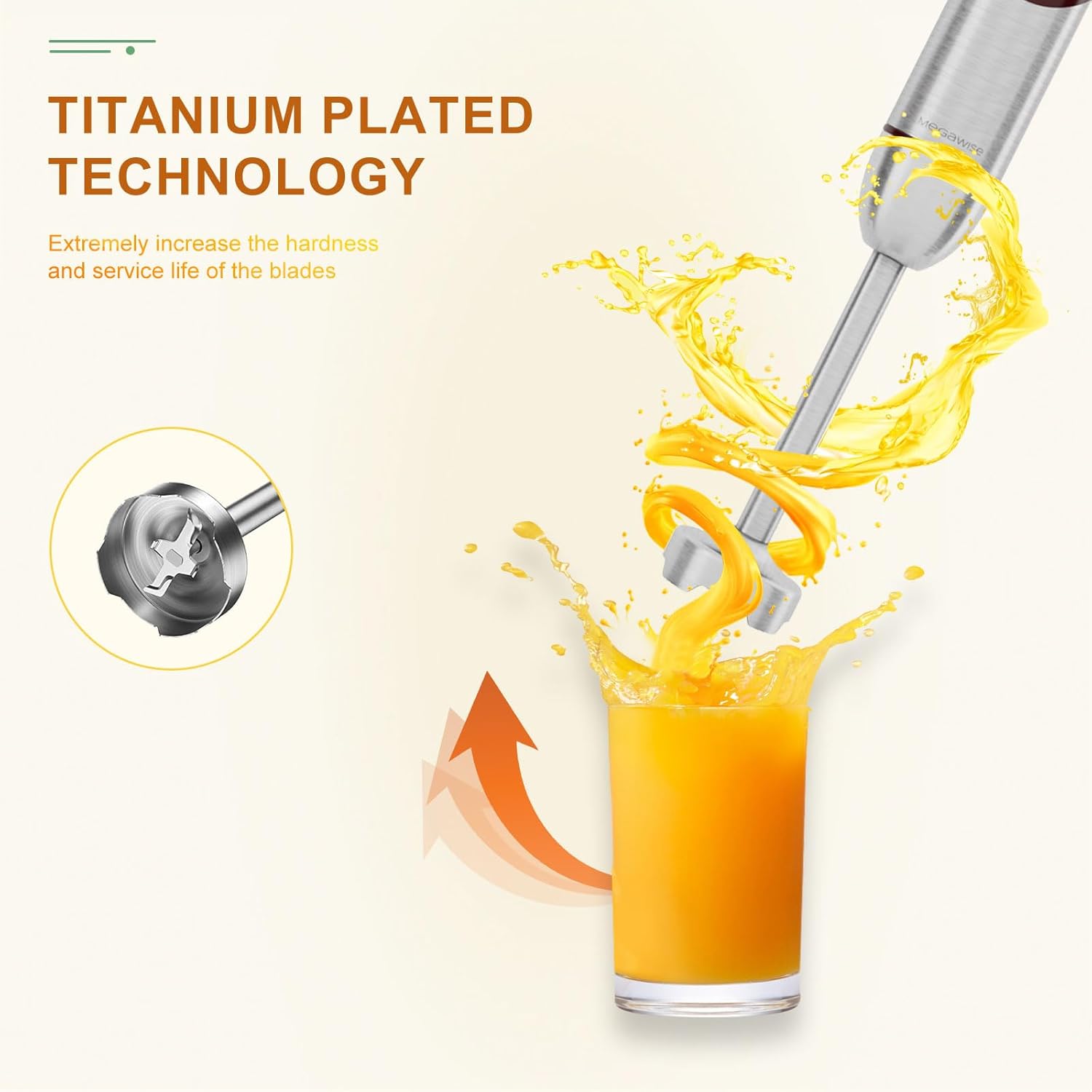 MegaWise 5-in-1 Immersion Hand Blender Set with Variable Speed, 400W, Stainless Steel - Includes Chopper, Whisk, Milk Frother, and Beaker - Ideal for Soups, Smoothies, Baby Food & More (RED) - Image 2