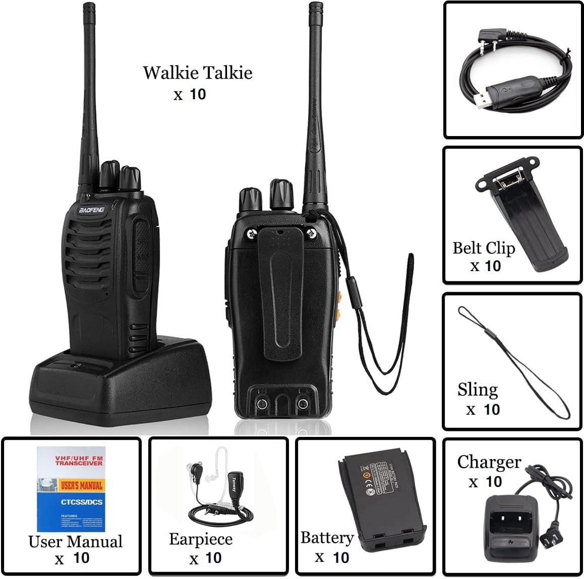 BAOFENG BF-888S Walkie Talkies for Adults Rechargeable Long Range 16 Channel Professional Walky Talky and Security Headphones Flashlight Li-ion Battery and Charger (10 Pack) - Image 6