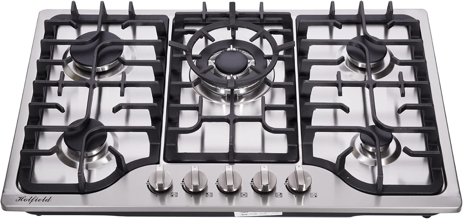 30 Inch Gas Cooktop Stainless Steel 5 Burners Stovetop Dual Fuel Gas Hob NG/LPG Convertible Gas Cooktop HF57042 Stainless Steel