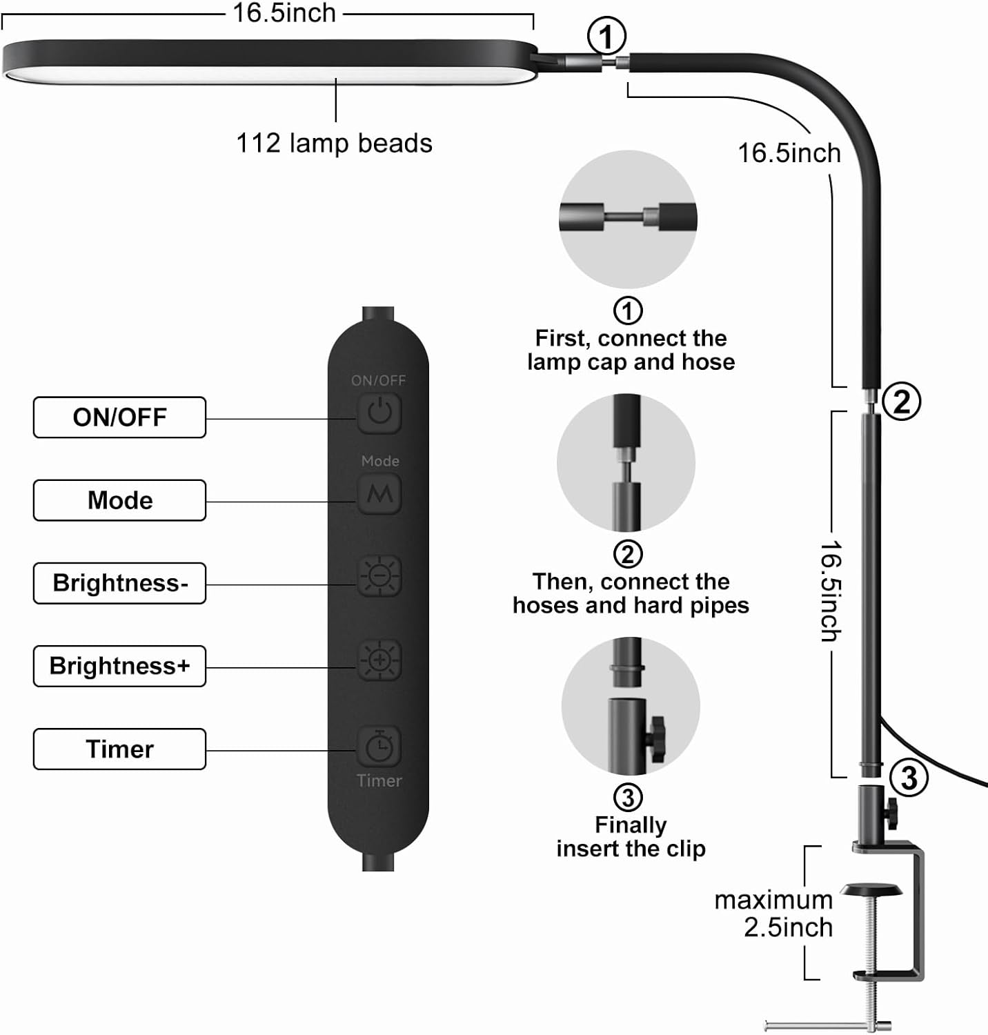 SKYLEO Led Desk Lamp - Desk Light for 33.5" Tall - Flexible Gooseneck - 5 Color Modes X 11 Brightness Levels - 1300LM - Timmer & Memory Function - 12W Clip on Light - Black - Image 3