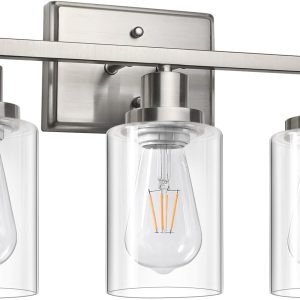 Ascher Bathroom Vanity Light Fixtures, 3 Light Wall Sconces Lighting with Clear Glass Shade, Brushed Nickel Wall Lights for Mirror, Kitchen, Living Room, Gallery, E26 Base (Bulbs Not Included)