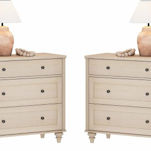 WAMPAT Farmhouse Nightstand with 3 Drawers, Set of 2 Large 3 Drawers Wood Bedside Table Night Stand, Wide Sofa Side End Table Chest of Dresser for Living Room, Bedroom, Beige, 34 inch