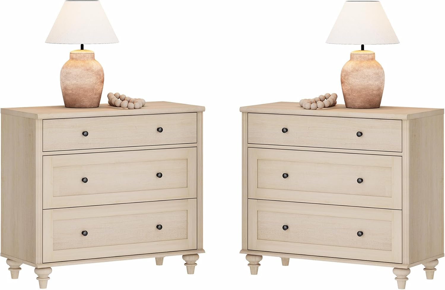 WAMPAT Farmhouse Nightstand with 3 Drawers, Set of 2 Large 3 Drawers Wood Bedside Table Night Stand, Wide Sofa Side End Table Chest of Dresser for Living Room, Bedroom, Beige, 34 inch