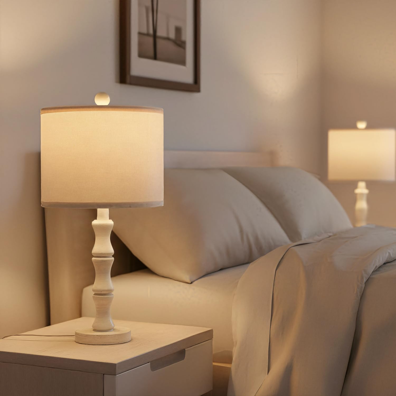 BOBOMOMO 20.5" Farmhouse Bedside Lamps Set of 2, Vintage Nightstand Lamps with Antique White Resin Base & Linen Shade, Small Table Lamps for Bedroom, Living Room, Nursery & Light Neutral Home Décor - Image 2