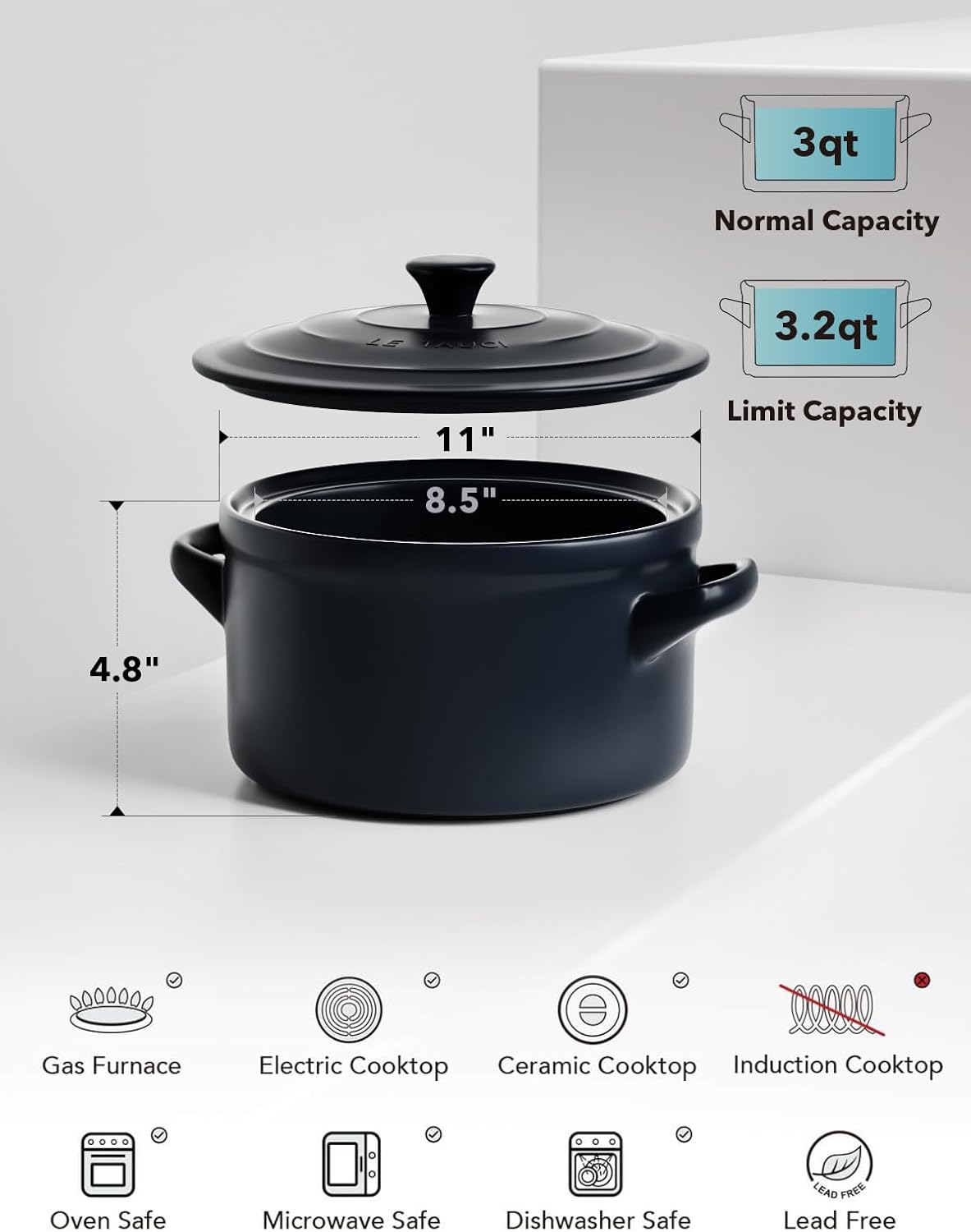 LE TAUCI 3 Quart Ceramic Dutch Oven - Lightweight, Non-Toxic, No Seasoning Needed- Oven, Microwave & Dishwasher Safe, Dutch Oven Pot with Lid for Sourdough, Soup & Stew, Midnight Blue - Image 5
