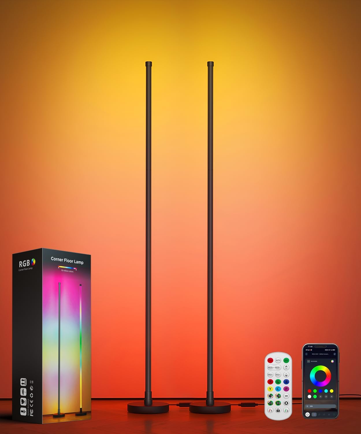 Smart RGB LED Corner Floor Lamp, Standing Lamp with Music Sync and 16M+ DIY Colors, Remote & App Control, Color Changing Ambient Lighting, Floor Lamps for Living Room, Bedroom and Party(2 Pack)