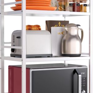 DOLALIKE Microwave Oven Rack, Expandable Microwave Stand Countertop Kitchen Utensils Tableware Storage, Carbon Steel Over Microwave Shelf Countertop 3 Tier with 3 Hooks
