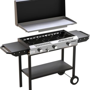 Veralune 3 Burner Propane Stove & Griddle with Ignition & Regulator, 225,000 BTU Powerful Portable Gas Griddle with Storage Shelf, Portable Wheels for Backyard Cooking BBQ Frying and Boiling