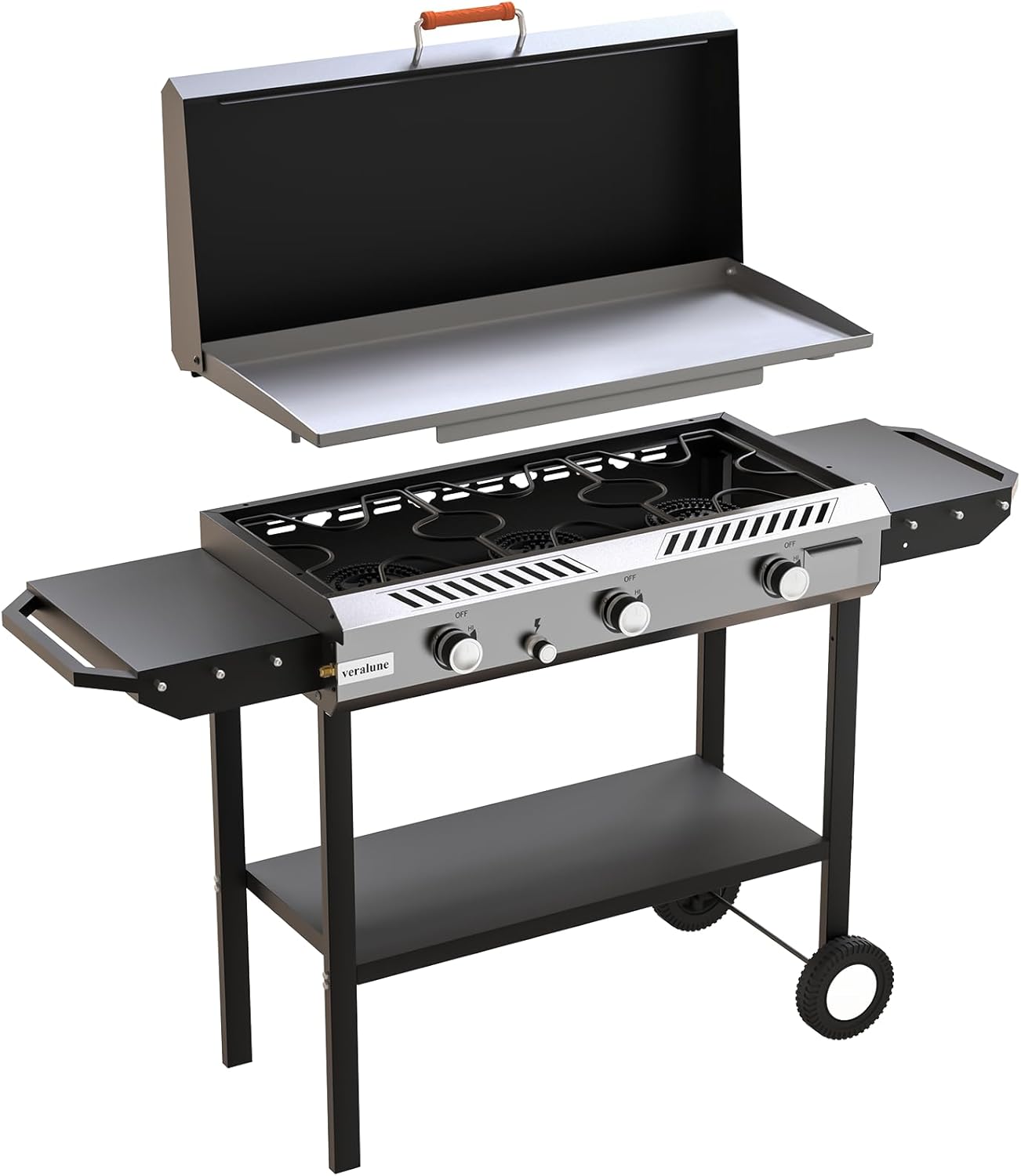 Veralune 3 Burner Propane Stove & Griddle with Ignition & Regulator, 225,000 BTU Powerful Portable Gas Griddle with Storage Shelf, Portable Wheels for Backyard Cooking BBQ Frying and Boiling