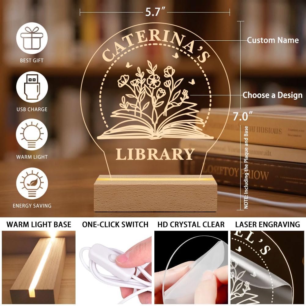 Personalized Library Night Light, Acrylic Book Sign with Wooden Base, Customizable Name Display, LED Warm Light for Reading Nook, Book Lover Gift - Image 8