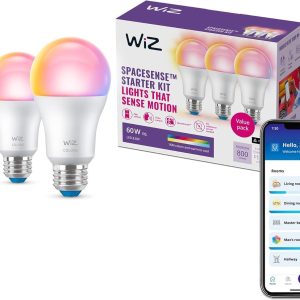 WiZ Connected Smart Light Bulbs, Sunset to Sunrise Automation + Motion Detection + Control with Voice or App, Full Color A19 60W 800LM Indoor, Matter Compatible -3 Pack