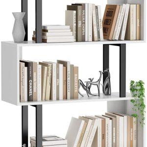 Gadroad 5 Tier Geometric Bookcase,S Shaped Bookshelf, Wood Decorative Storage Shelving, Modern Freestanding Display Shelves, Tall Book Shelf Unit for Living Room Bedroom, White